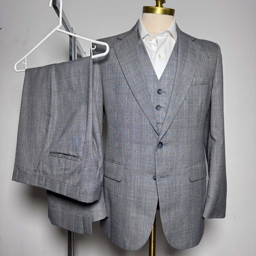 1980s Brand Vintage Stafford 3-Piece Suit Mens 40R 34x27 Grey Glen Plaid Wool‎